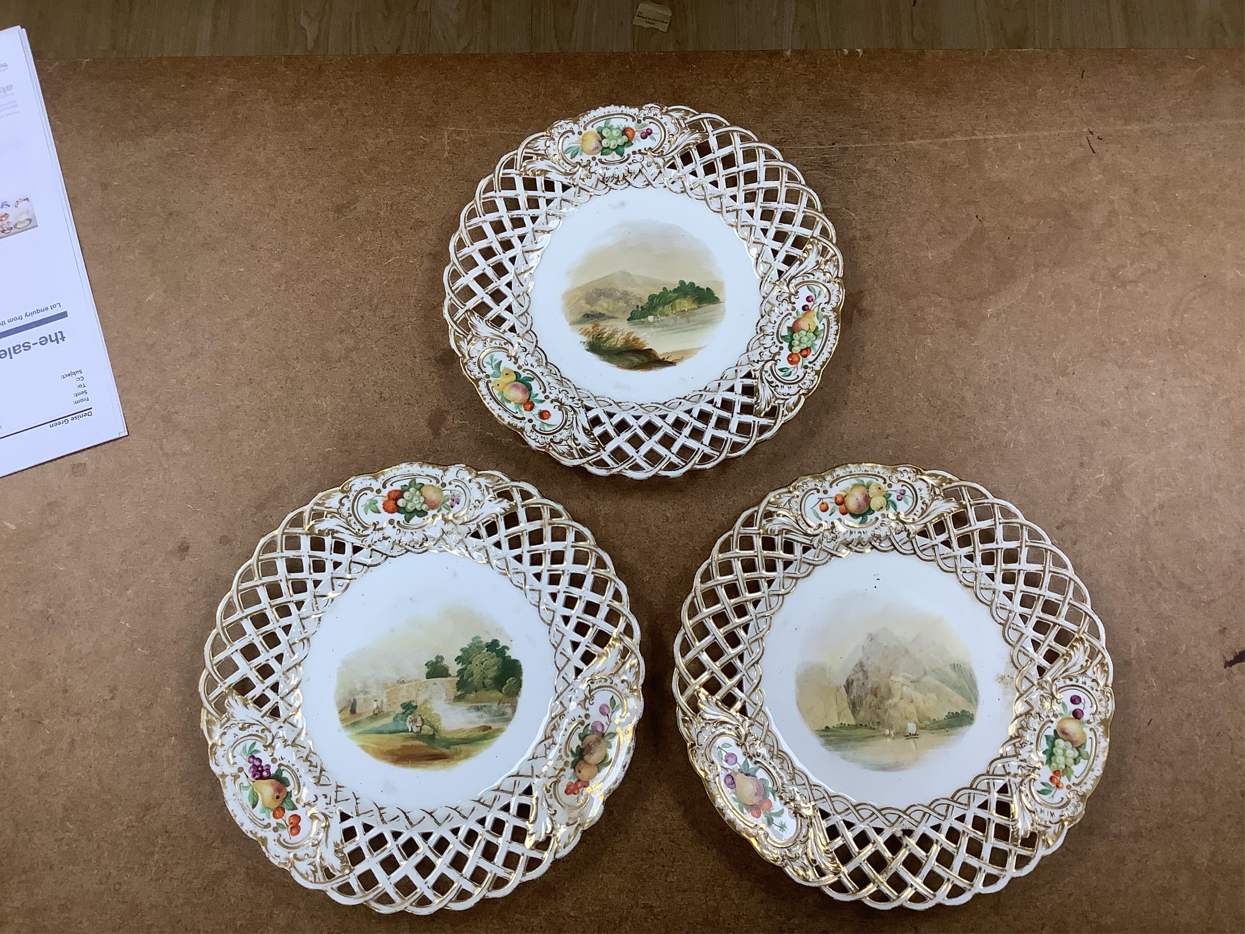 A set of six Victorian gilt and floral cabinet plates with central landscapes, 24cm diameter. Condition - poor